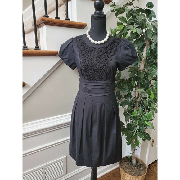 Bcbgmaxazria Women's Black Cotton Round Neck Short Sleeve Knee Length Size 6 - Picture 1 of 12